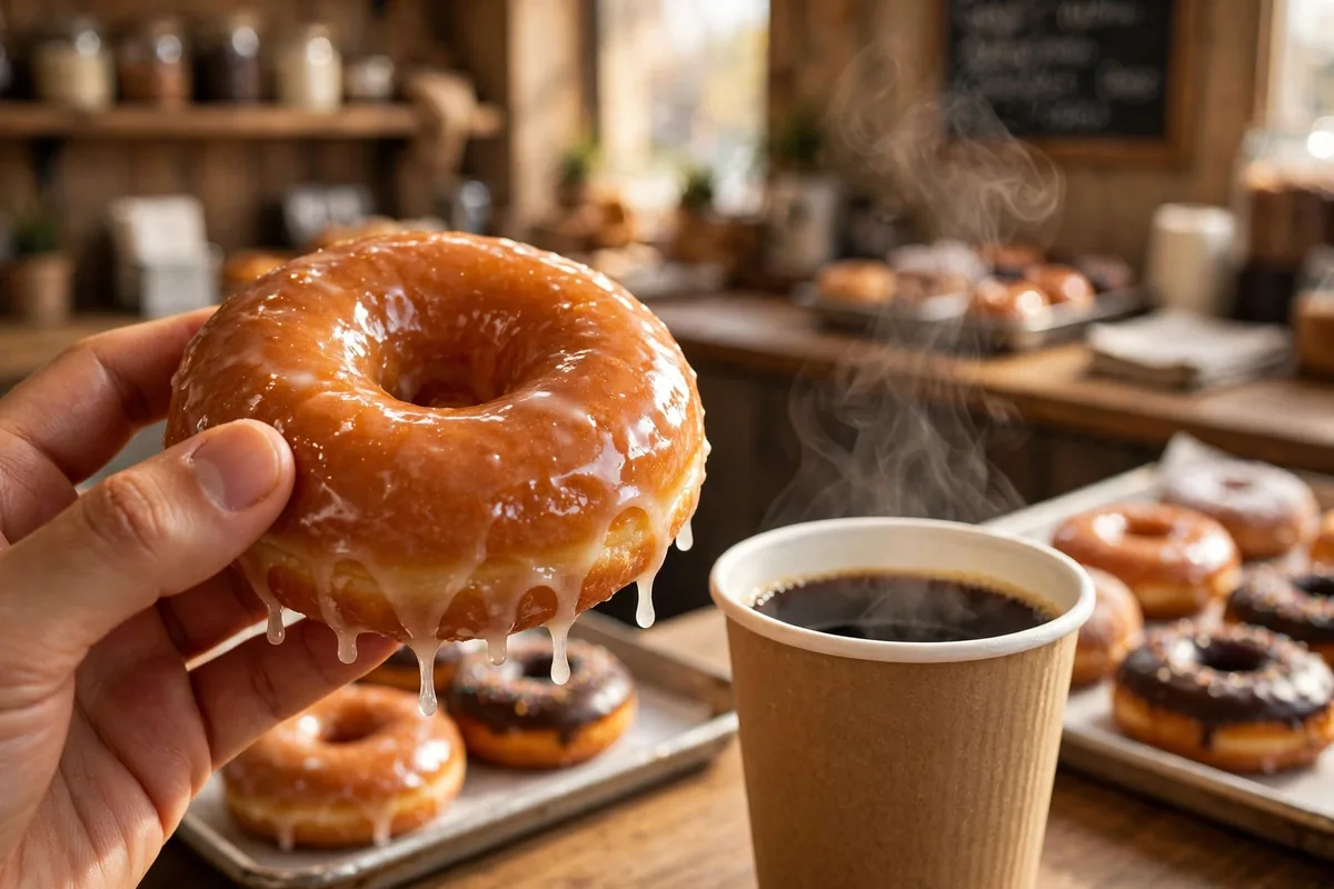 Winchells donuts glazed donut with coffee close-up