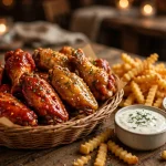 Wing Zone deals: basket of chicken wings with fries and dipping sauces