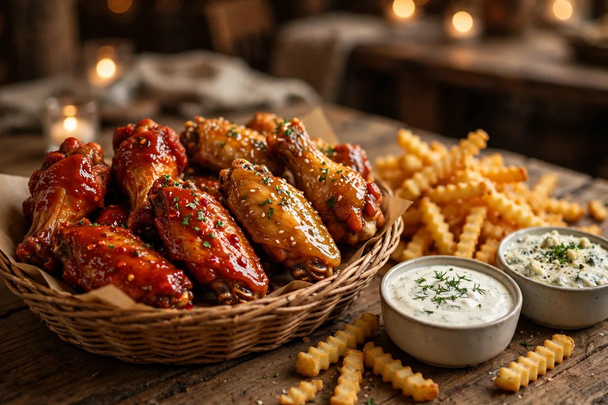 Wing Zone deals: basket of chicken wings with fries and dipping sauces