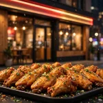 Wing Zone restaurant storefront with golden chicken wings at night