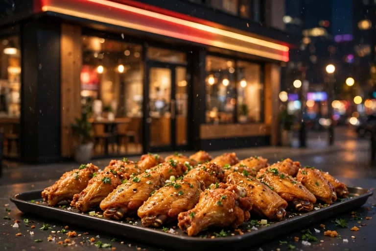 Wing Zone restaurant storefront with golden chicken wings at night