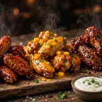Wing Zone secret menu wings in multiple sauces on a wooden board