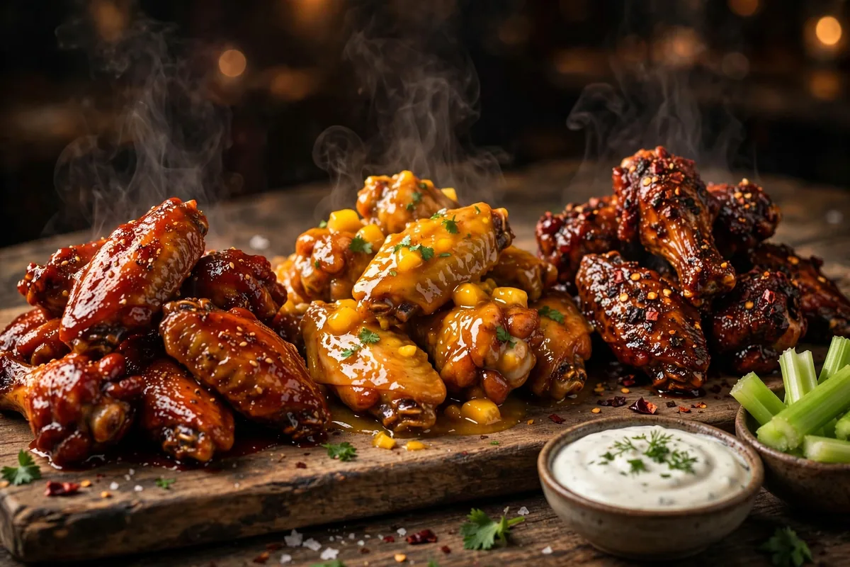 Wing Zone secret menu wings in multiple sauces on a wooden board