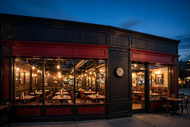 Wing Zone restaurant storefront at night with glowing windows and a clock showing evening hours.