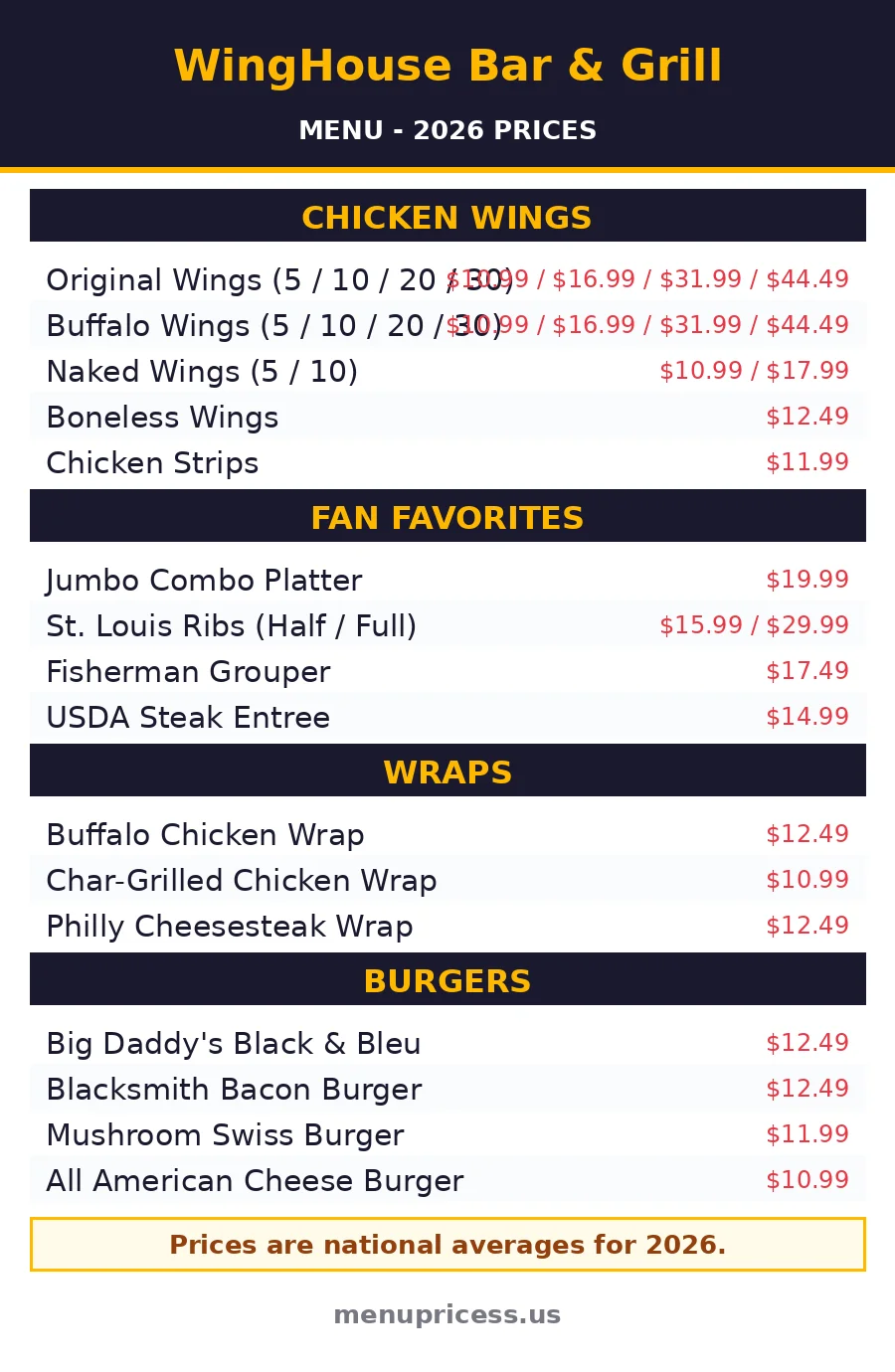 WingHouse menu card 2026 with full menu prices