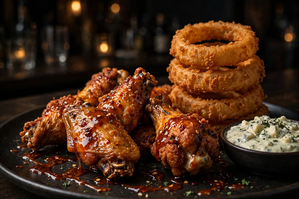 Wings and Rings menu prices 2026 crispy buffalo wings with signature onion rings