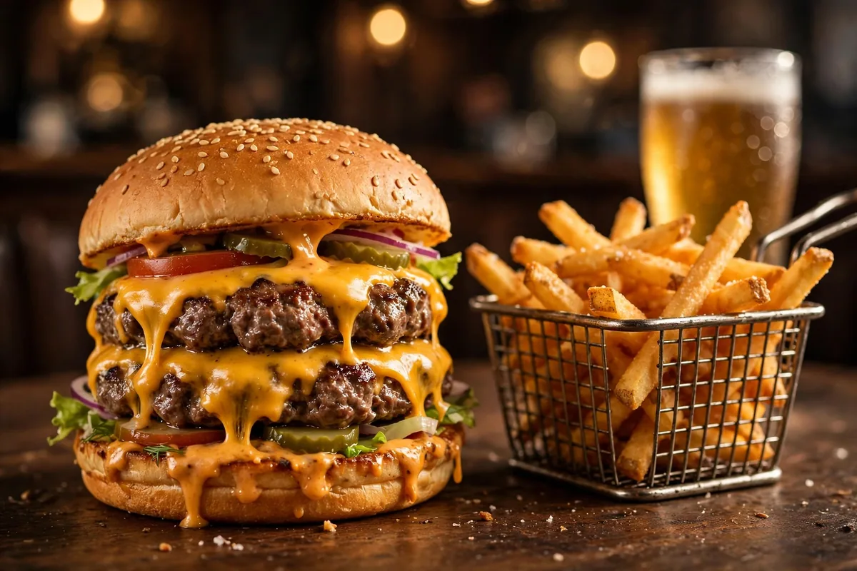 Wings Etc. menu prices 2026 - double cheeseburger with fries and cold beer