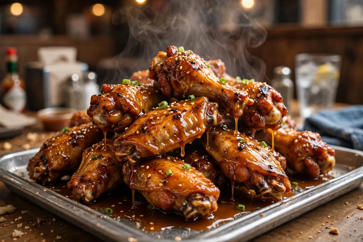 Wings Over menu honey BBQ glazed chicken wings tray close-up