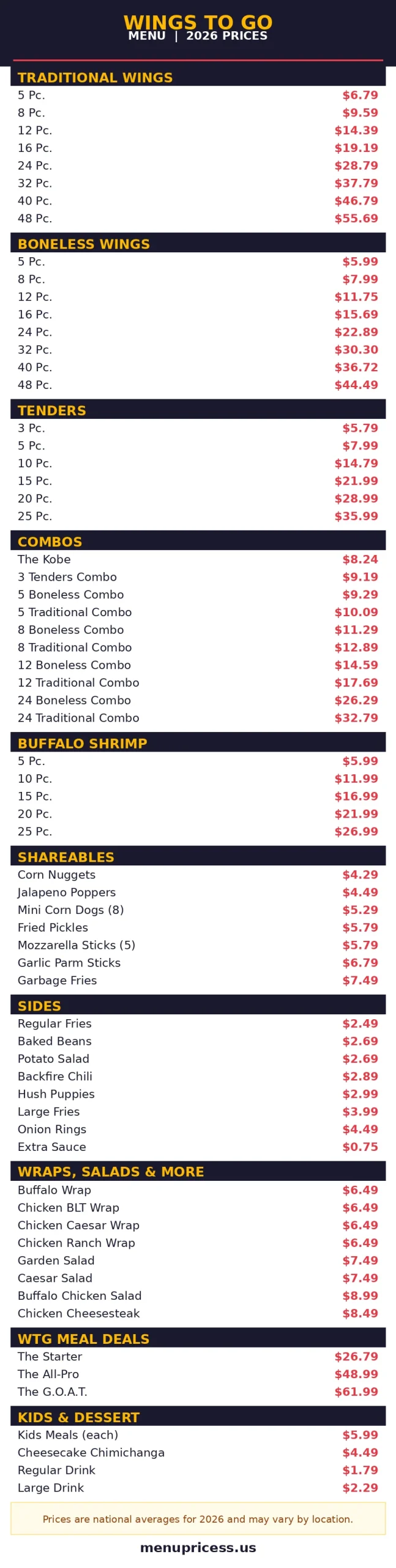 Wings To Go menu card with prices 2026