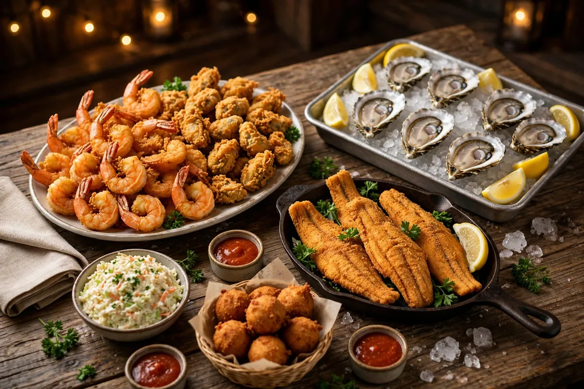 Wintzell's Oyster House menu prices 2026 - fried oysters, fried shrimp and raw oysters spread