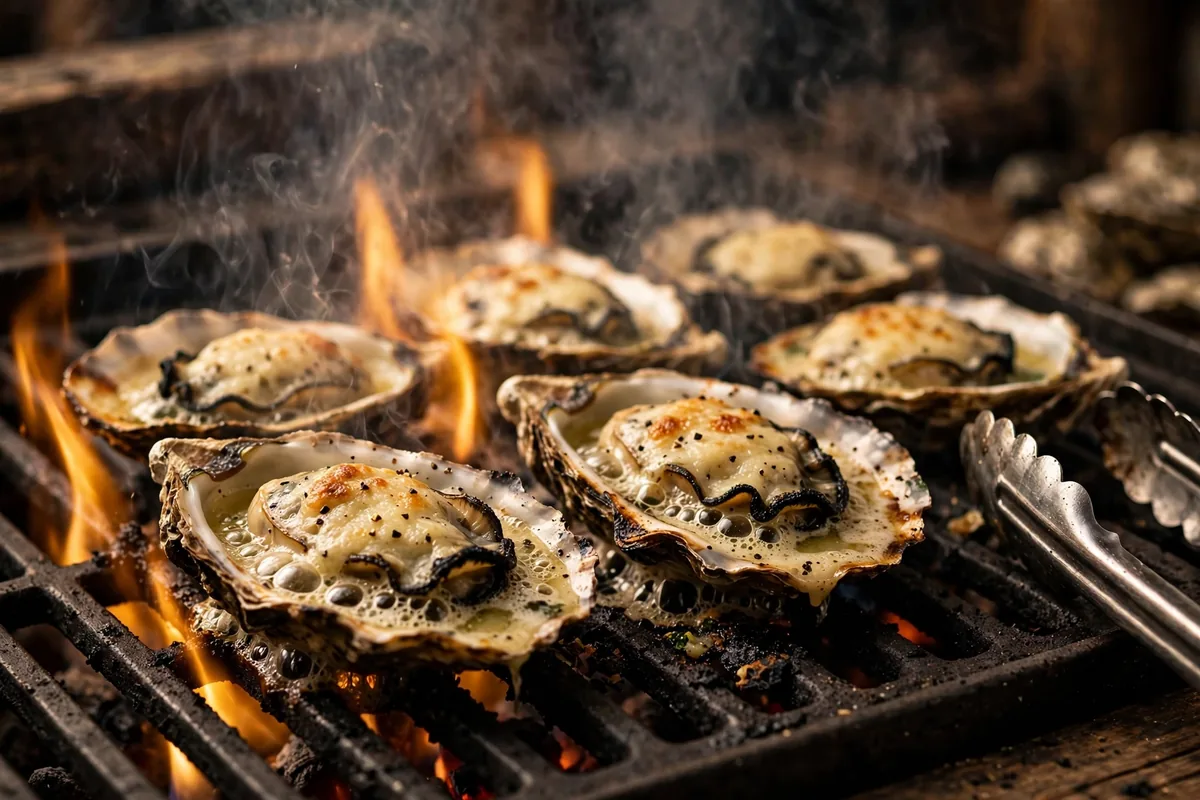 Chargrilled oysters at Wintzell's Oyster House menu - bubbling butter and cheese on the grill