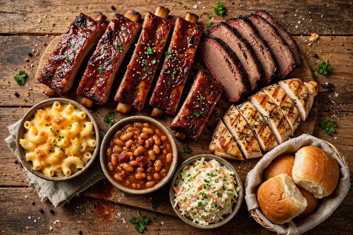 Wood Ranch BBQ & Grill menu prices 2026 BBQ platter with ribs, brisket and chicken