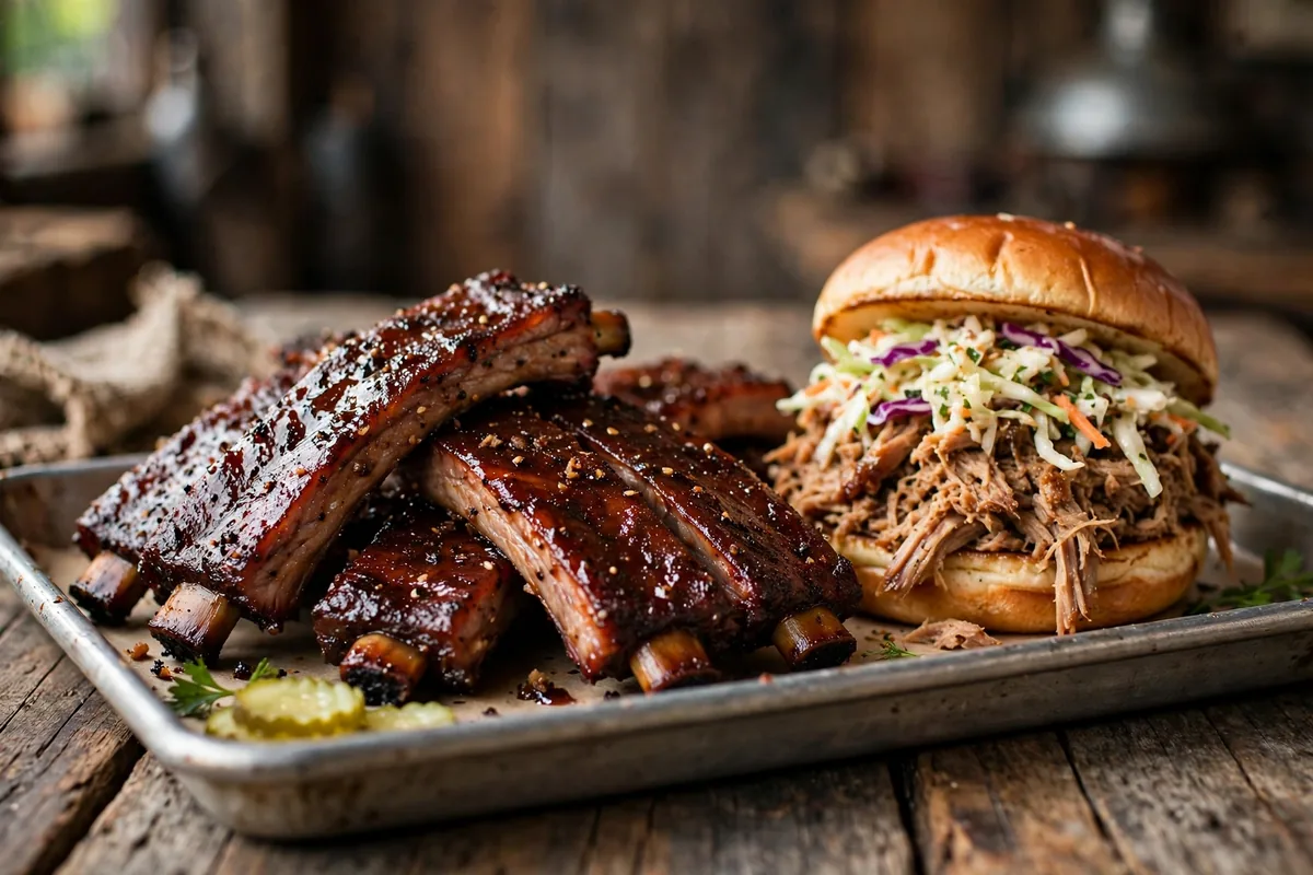 Slow-smoked baby back ribs at Woody's Bar-B-Q, woodys bbq menu USA prices 2026