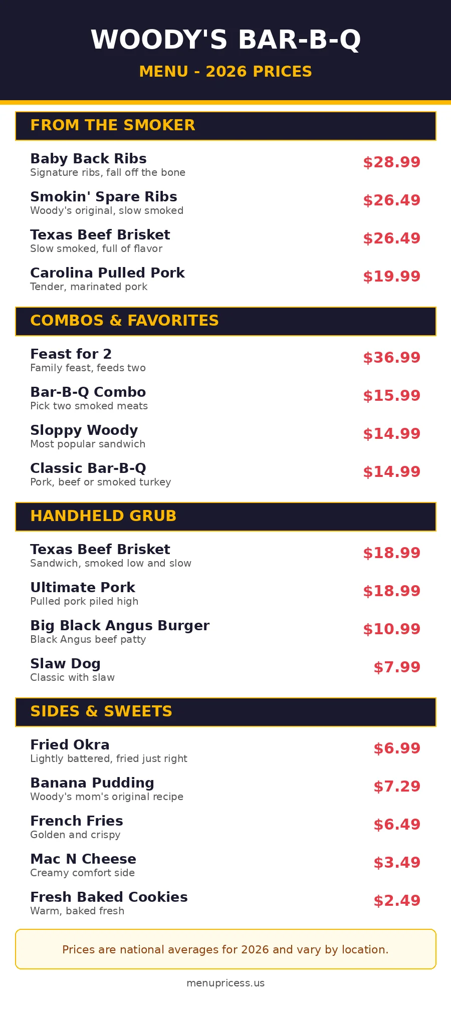 Woody's Bar-B-Q menu prices 2026, full menu card with prices