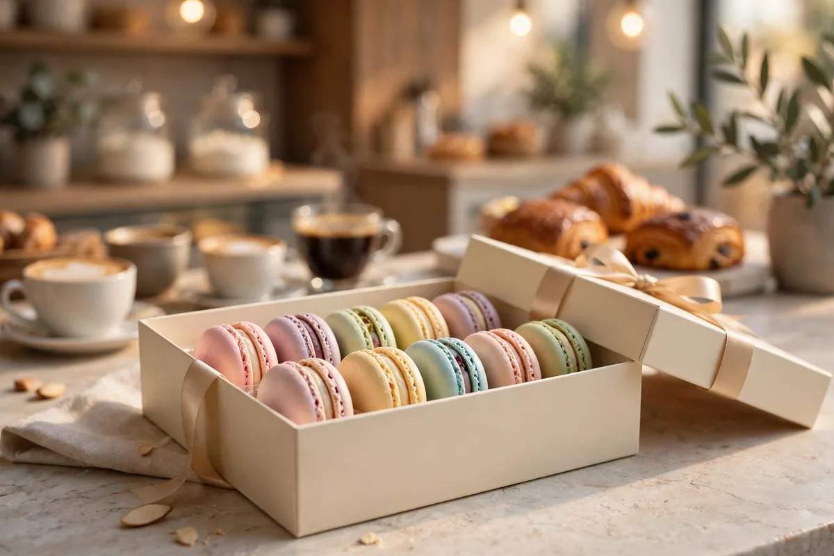 Woops menu prices 2026 macaron gift box with assorted French macarons at a bakery cafe