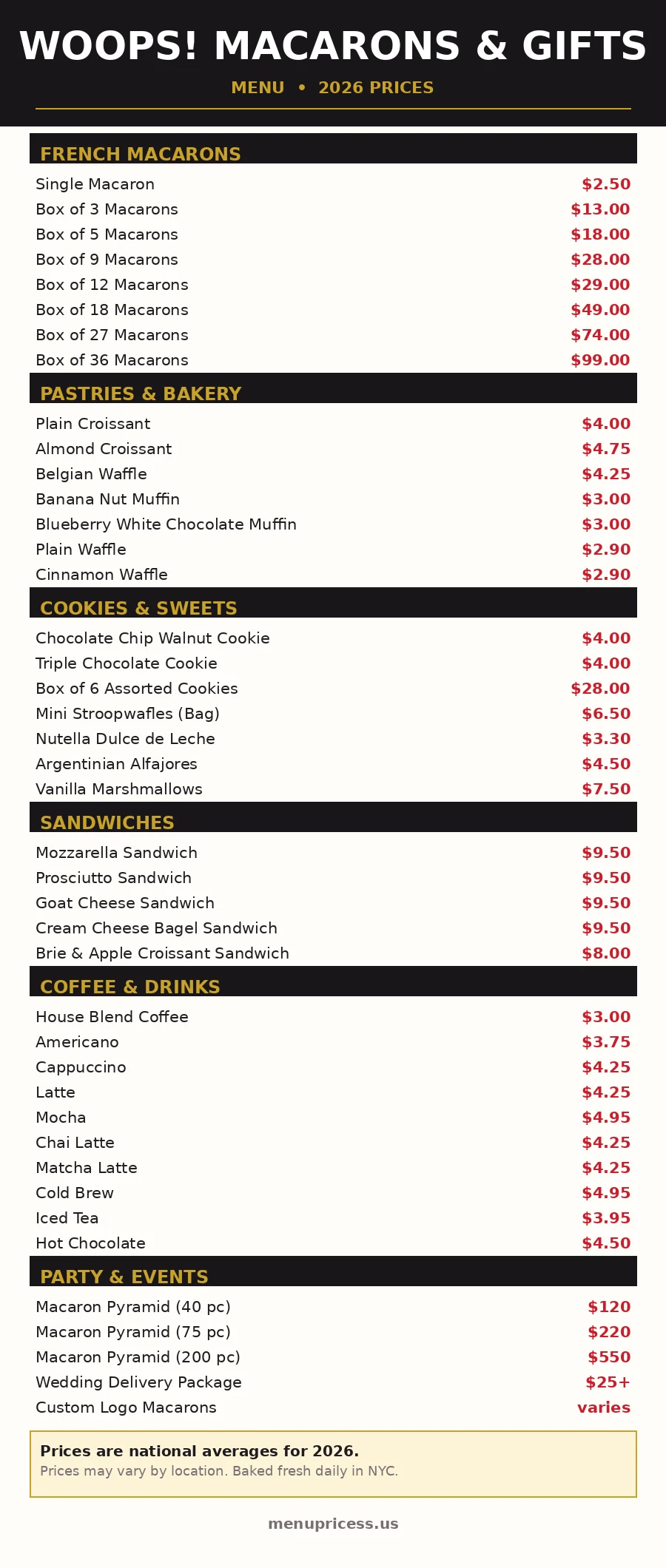 Woops menu prices 2026 menu card with macarons, pastries, cookies, sandwiches and drinks prices