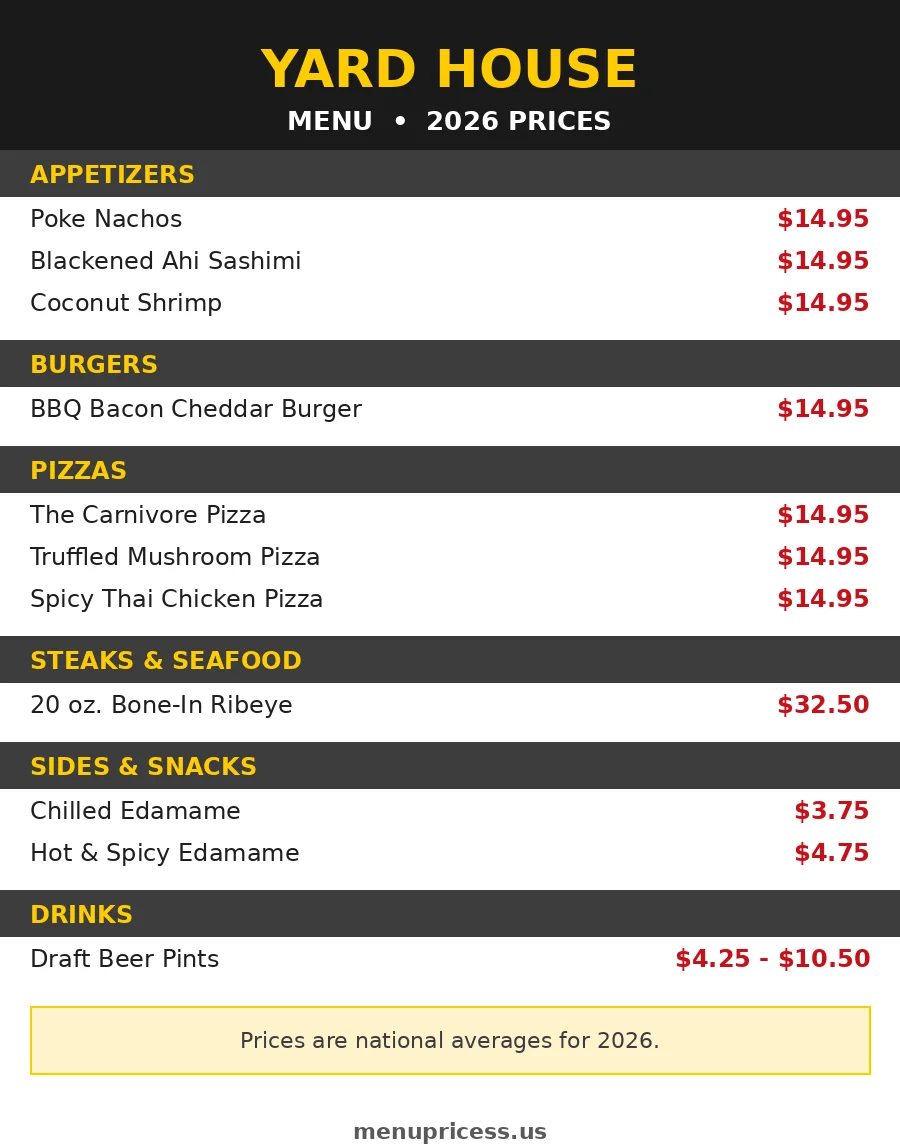 Yard House menu prices 2026 full menu card with appetizers burgers and draft beer prices