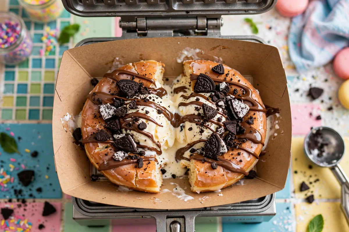 Yonutz menu prices 2026 smashed glazed donut filled with vanilla ice cream, Nutella drizzle and Oreo crumbles