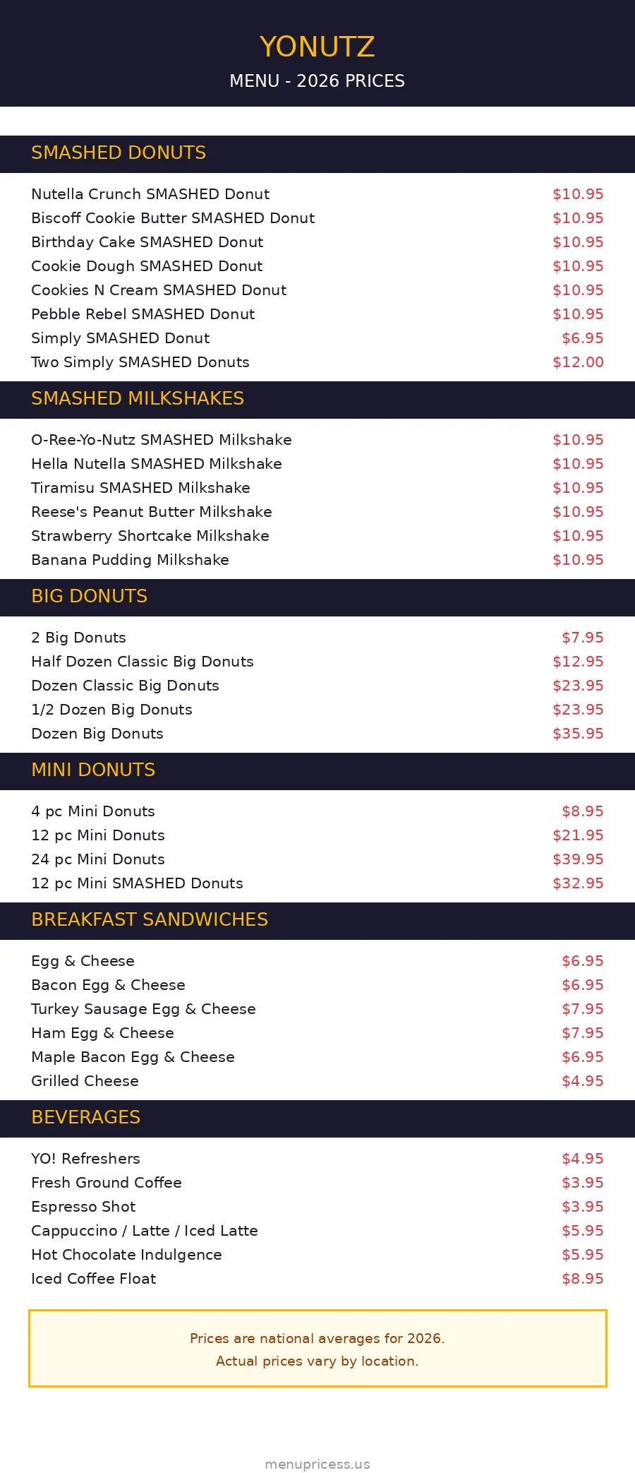 Yonutz menu prices 2026 menu card with SMASHED Donuts and milkshake prices