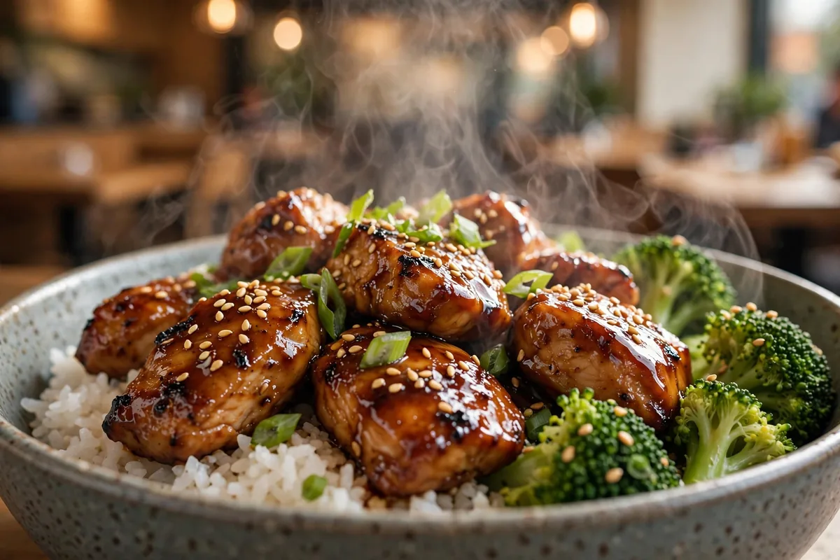 Yoshinoya menu teriyaki grilled chicken bowl with sesame seeds and green onions
