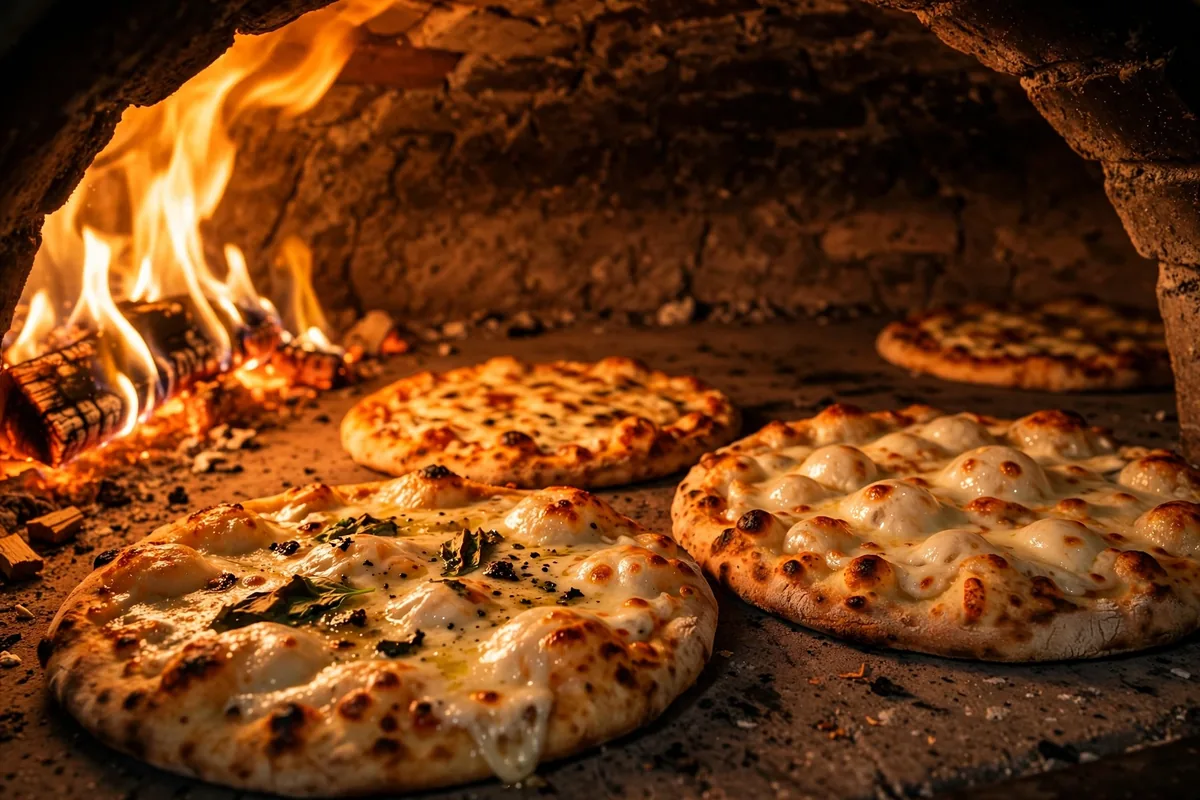 Your Pie deals brick-oven pizzas baking in a wood-fired oven