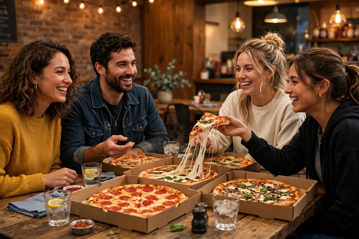 Friends sharing pizzas with Your Pie deals value bundles