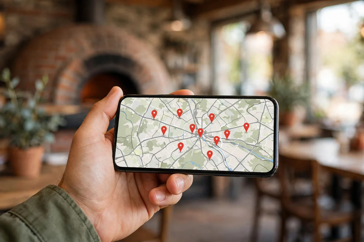 Your Pie locations near me search results on a phone showing pizza restaurant pins on a map