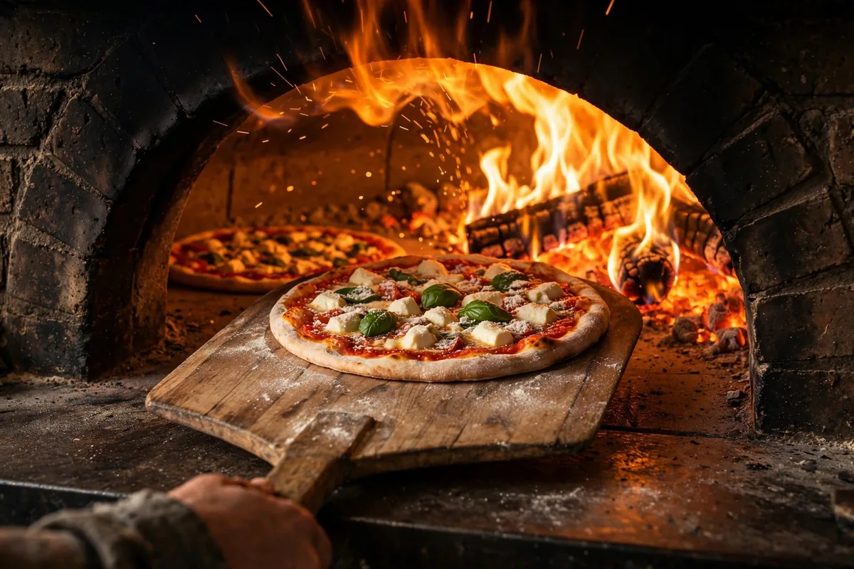 Brick oven at a Your Pie locations restaurant with a pizza baking over flames