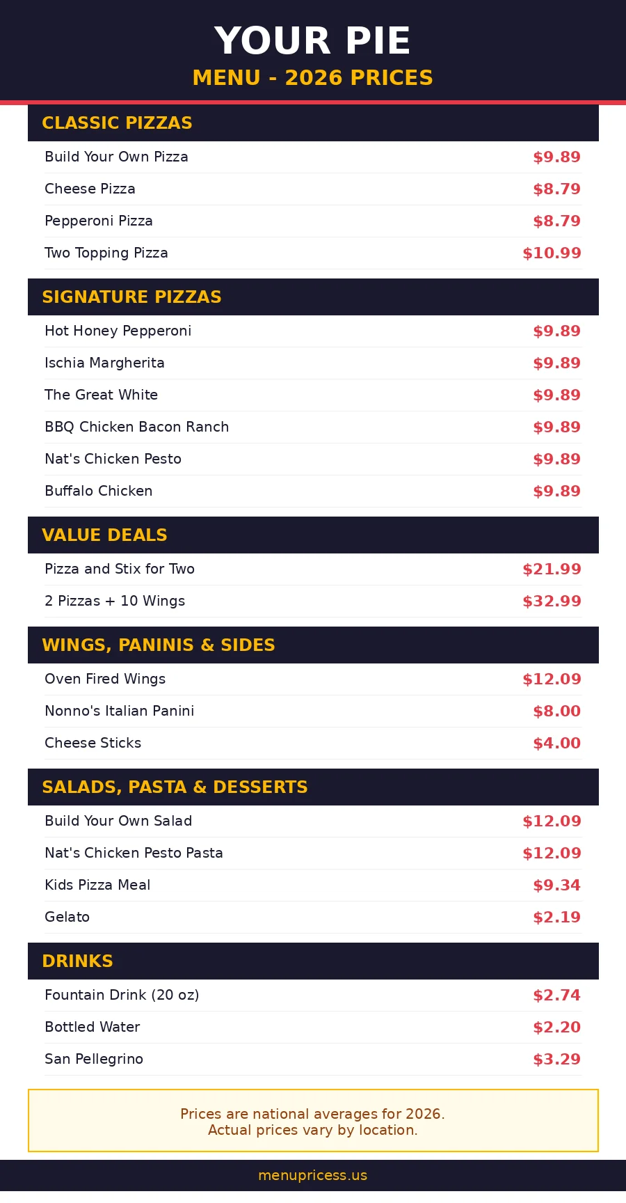 Your Pie menu prices 2026 card