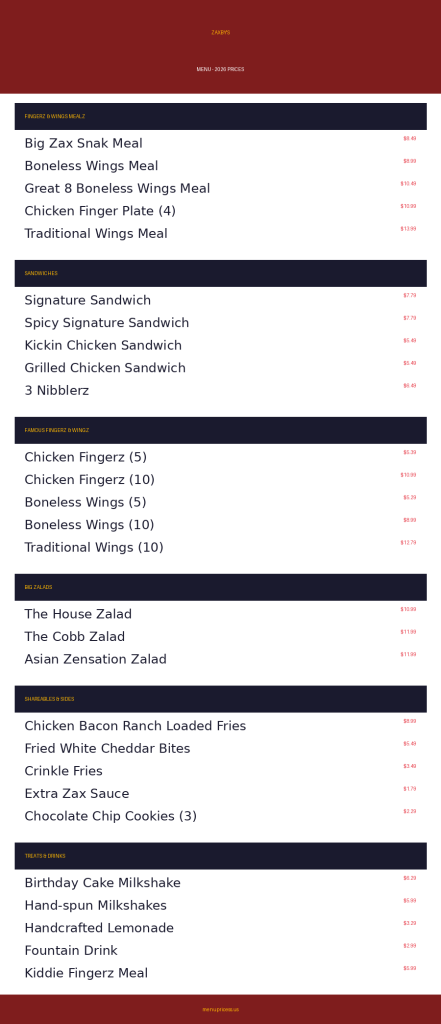 Zaxby's menu card with 2026 prices