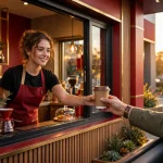 Barista handing a coffee cup to a customer at a Ziggi's Coffee drive-thru window at sunset