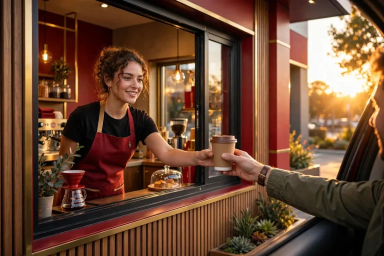 Barista handing a coffee cup to a customer at a Ziggi's Coffee drive-thru window at sunset