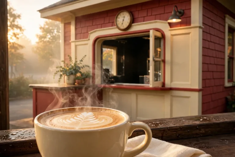 Ziggi's Coffee drive-thru storefront at sunrise, typical weekday opening hours from 5 AM