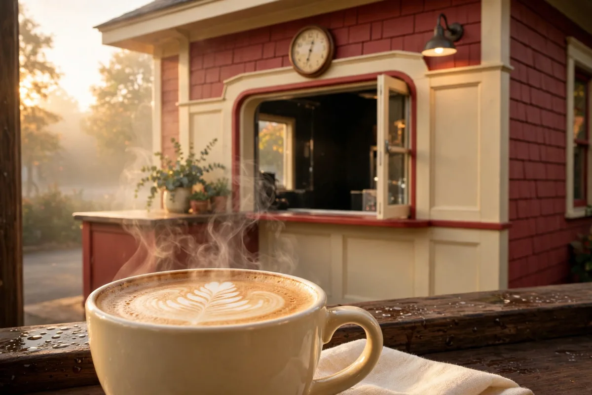 Ziggi's Coffee drive-thru storefront at sunrise, typical weekday opening hours from 5 AM