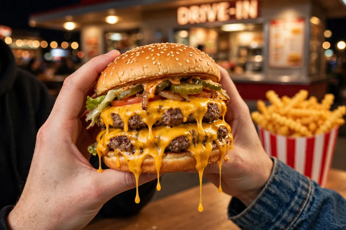 Zips drive in menu double cheeseburger with melted cheese and crinkle fries